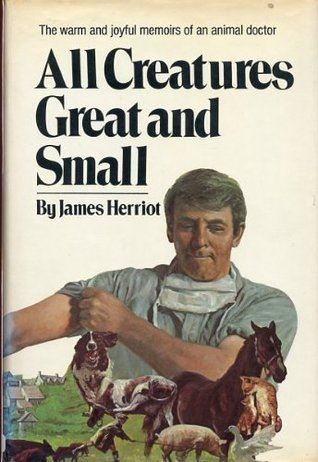 Cover of all creatures great and small. A young man, surrounded by animals, rolls up a sleeve.