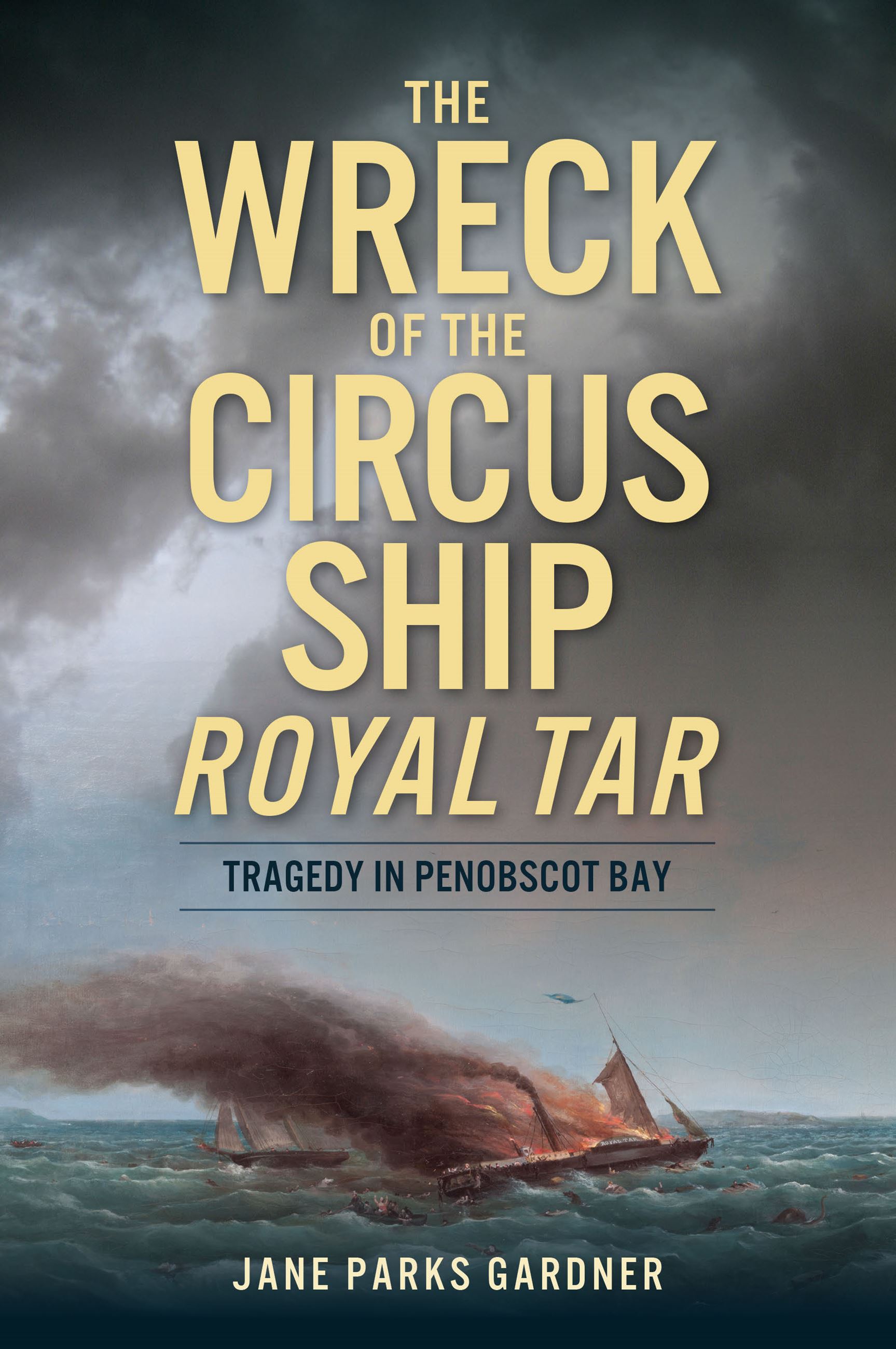 Cover of The Wreck of  the Royal Tar.  Ship engulfed in flames.  Animals in water.   